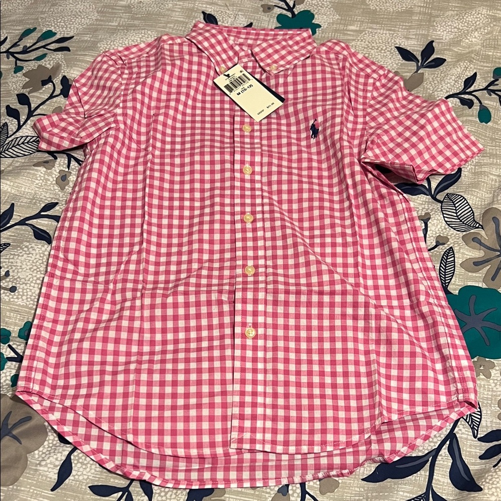 Brand New! Boys Polo by Ralph Lauren Pink Checkered Shirt size (M10-12)